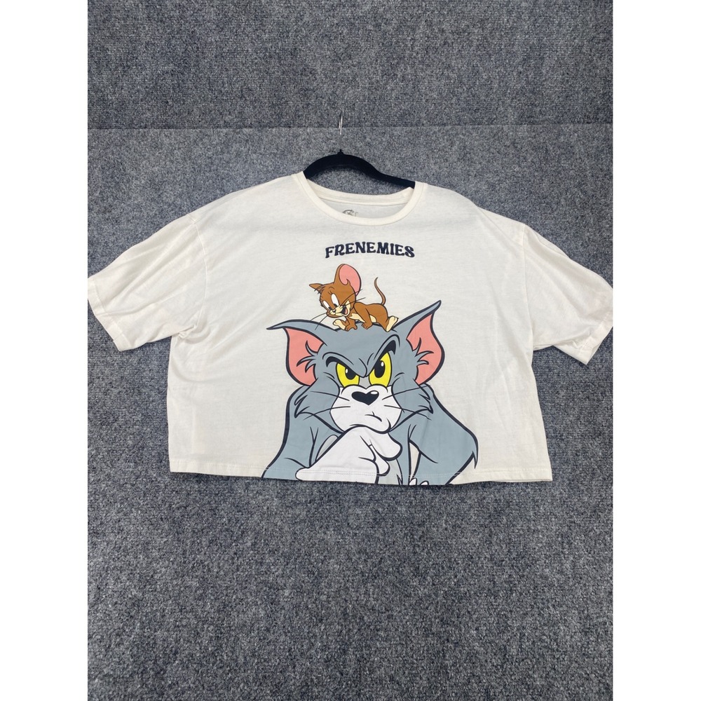 Tom and Jerry Frenemies Graphic Crop Top T-Shirt Womens Large White Cartoon Tee